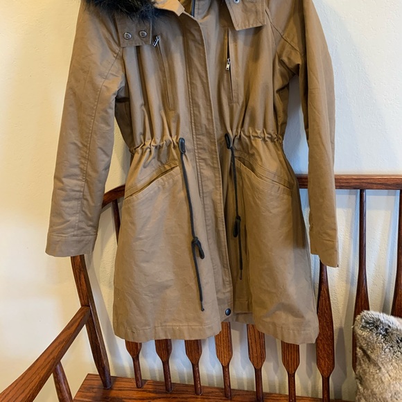 Tan/brown and black hooded fur parka - Picture 3 of 5